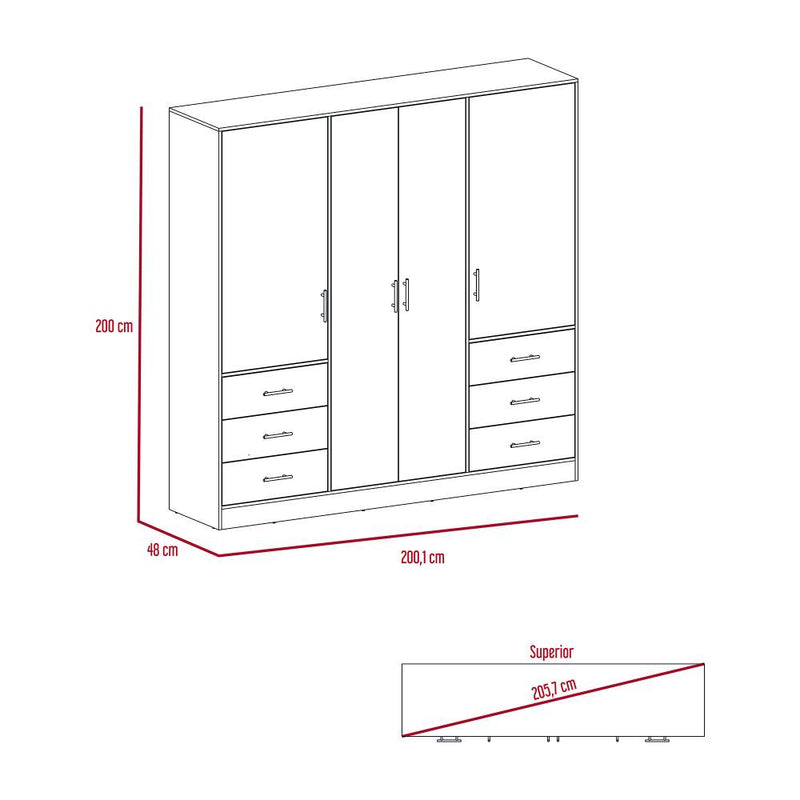 Closet Cooder Ceniza 200 cm con Cuatro Puertas y Seis Cajones