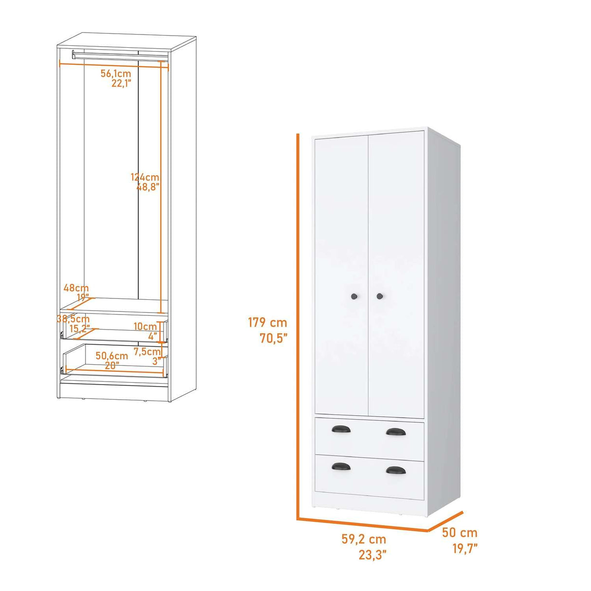 Closet Blanco 59x179cm con 2 Cajones sin Entrepaños - Closets | Bylmo