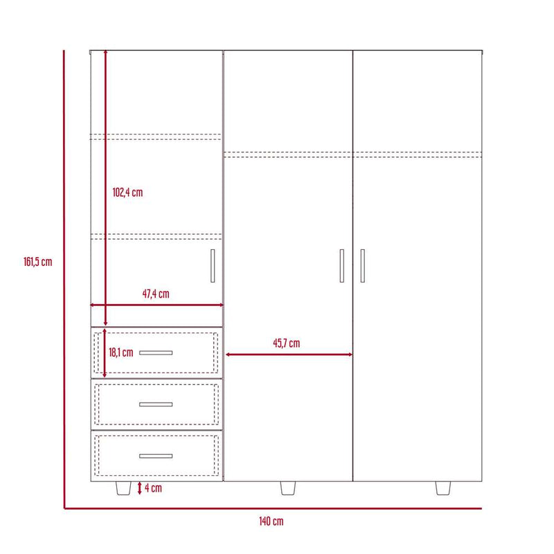 Closet Venecia Wengue 140 cm con Tres Puertas y Tres Cajones