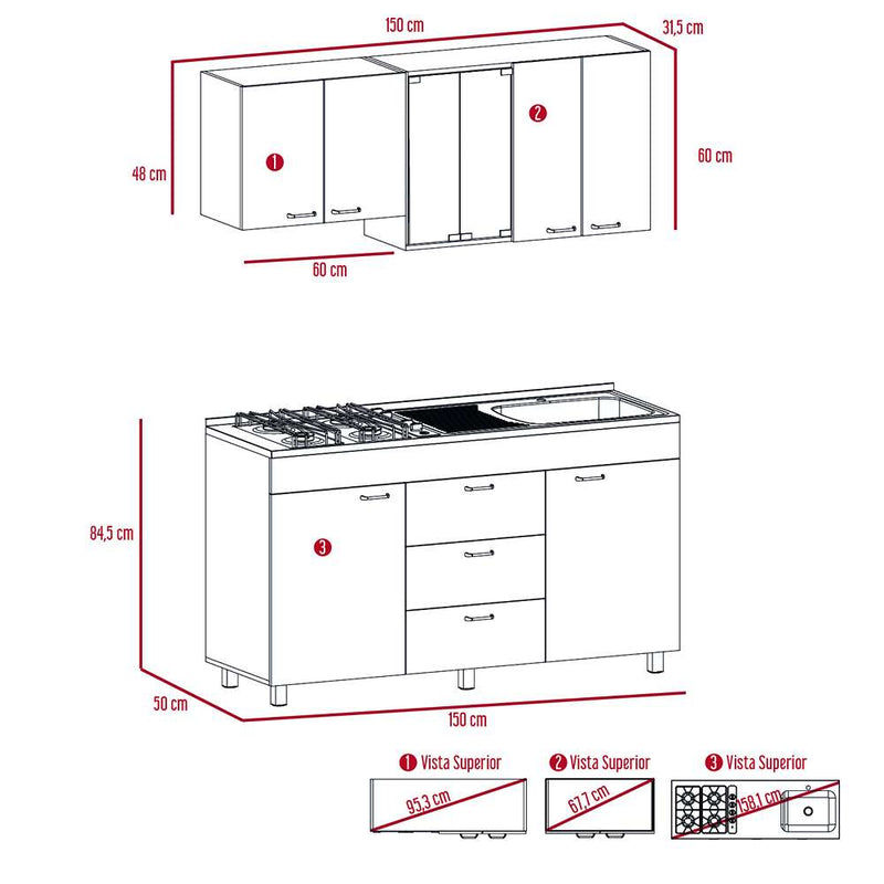 Cocina Lumina Roble Gris 150 cm Derecha con Mesón