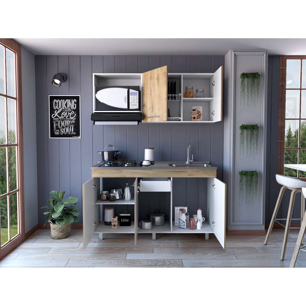 Cocina Macadamia 150x92.9cm con Meson de Acero Inoxidable y con Pozuelo para lado Derecha - Cocinas | Bylmo