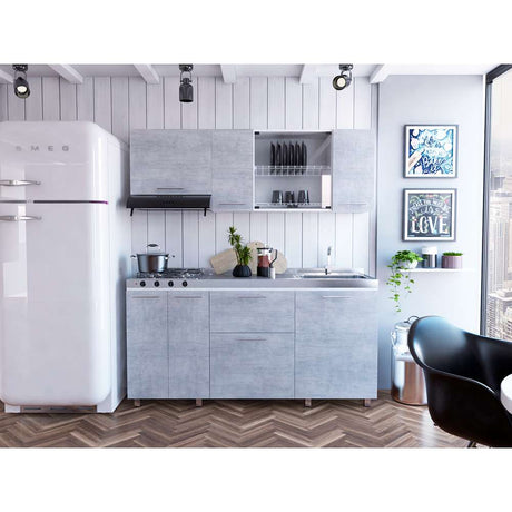 Cocina Linar Cemento y Blanco 180 cm Derecha con Mesón - Cocinas | Bylmo