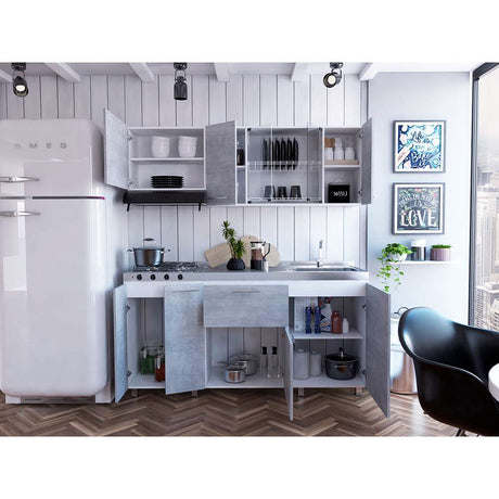 Cocina Linar Cemento y Blanco 180 cm Derecha con Mesón - Cocinas | Bylmo