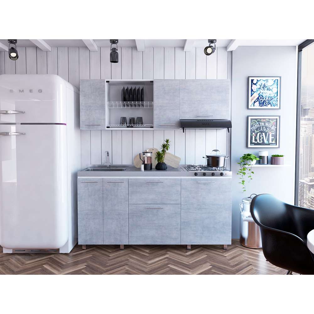 Cocina Linar Cemento y Blanco 180 cm Izquierda con Mesón - Cocinas | Bylmo