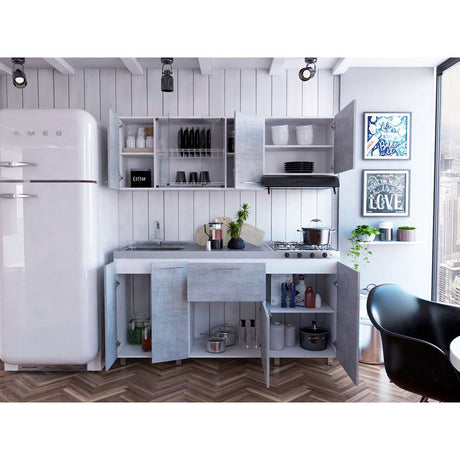 Cocina Linar Cemento y Blanco 180 cm Izquierda con Mesón - Cocinas | Bylmo