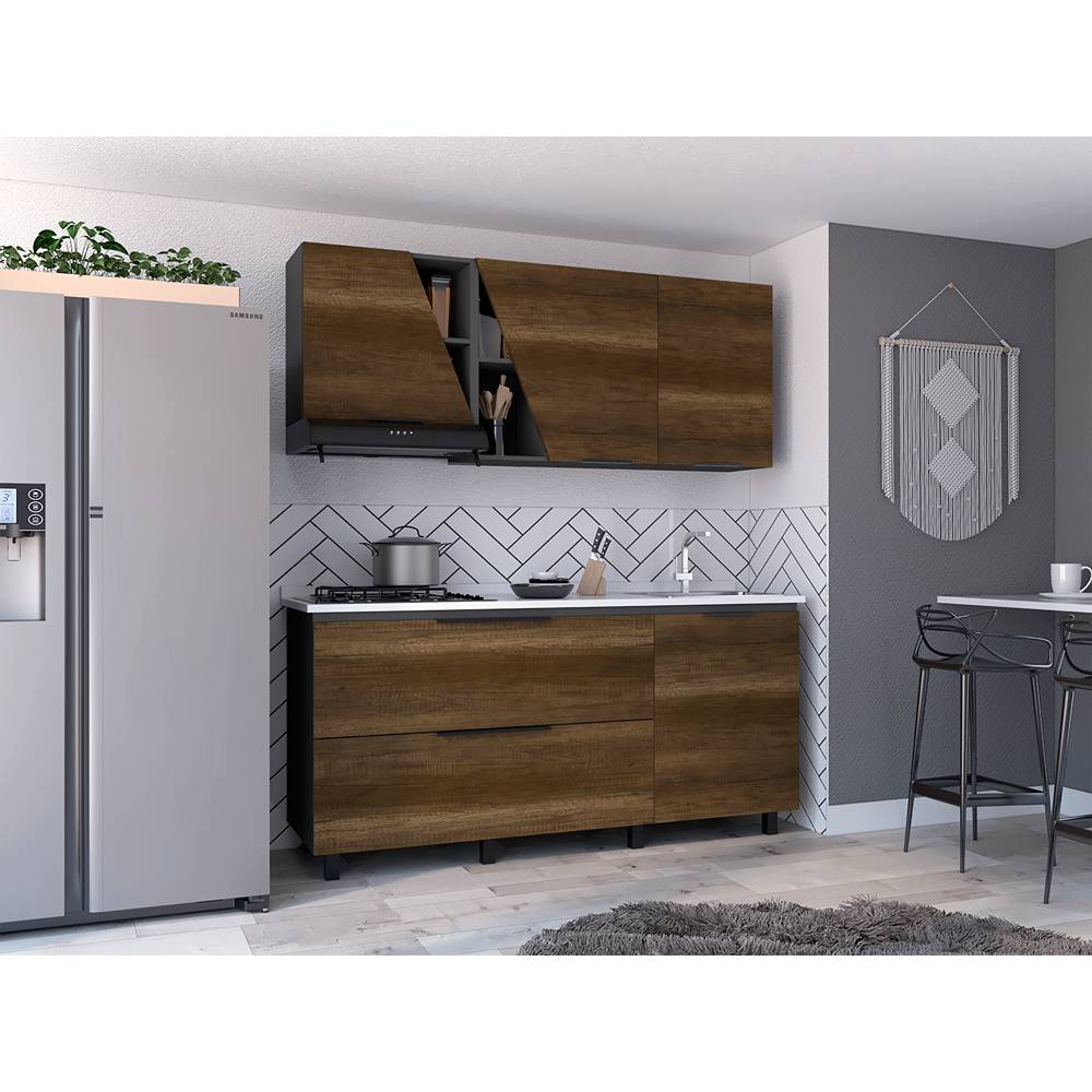 Cocina Next Plomo 180x88cm con Mesón de Madera Lado Derecho y sin Estufa - Cocinas | Bylmo