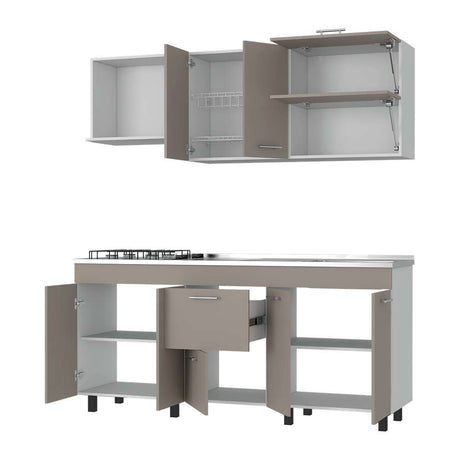 Cocina Sakai Taupe y Blanco 180 cm Derecha con Mesón - Cocinas | Bylmo