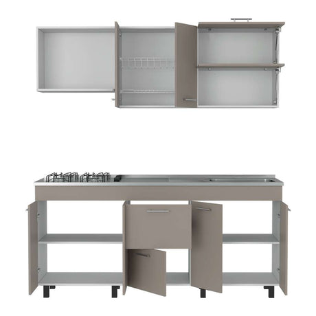 Cocina Sakai Taupe y Blanco 180 cm Derecha con Mesón - Cocinas | Bylmo