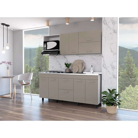 Cocina Sakai Taupe y Blanco 180 cm Derecha con Mesón - Cocinas | Bylmo