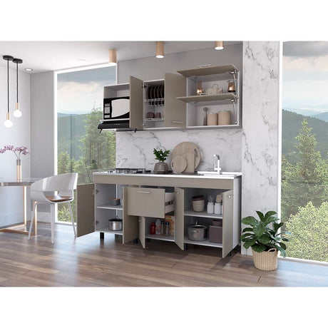 Cocina Sakai Taupe y Blanco 180 cm Derecha con Mesón - Cocinas | Bylmo