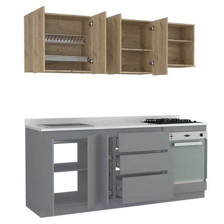 Cocina Tenerife Duna y Gris 210 cm Izquierda con Mesón y Horno - Cocinas | Bylmo