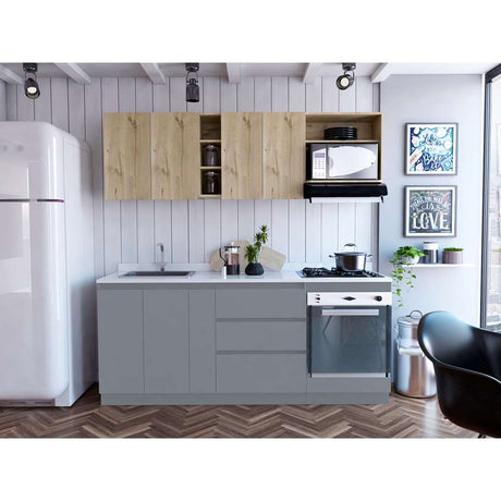 Cocina Tenerife Duna y Gris 210 cm Izquierda con Mesón y Horno - Cocinas | Bylmo