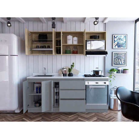 Cocina Tenerife Duna y Gris 210 cm Izquierda con Mesón y Horno - Cocinas | Bylmo