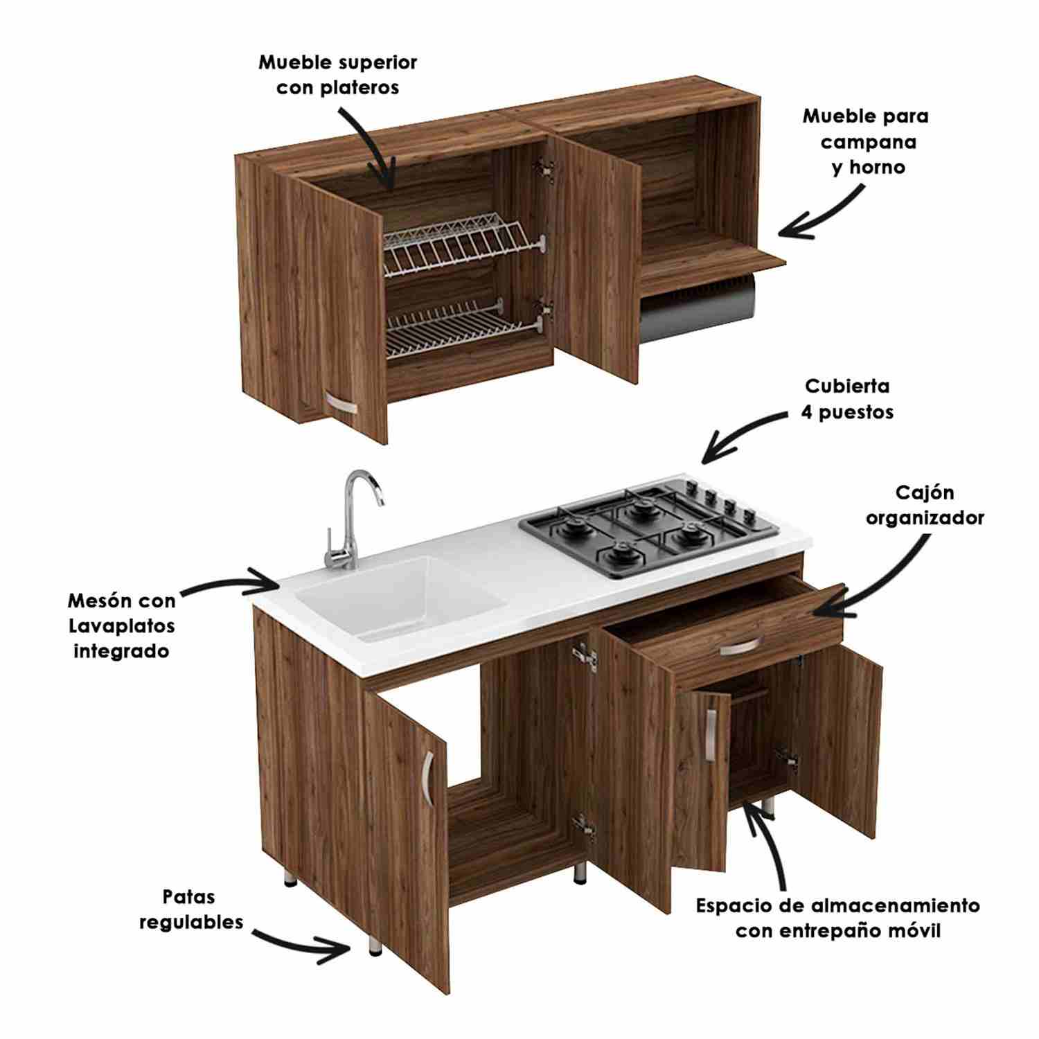 Cocina Ambar Gracia y Sikuani 150 cm Mueble Superior e Inferior con Mesón