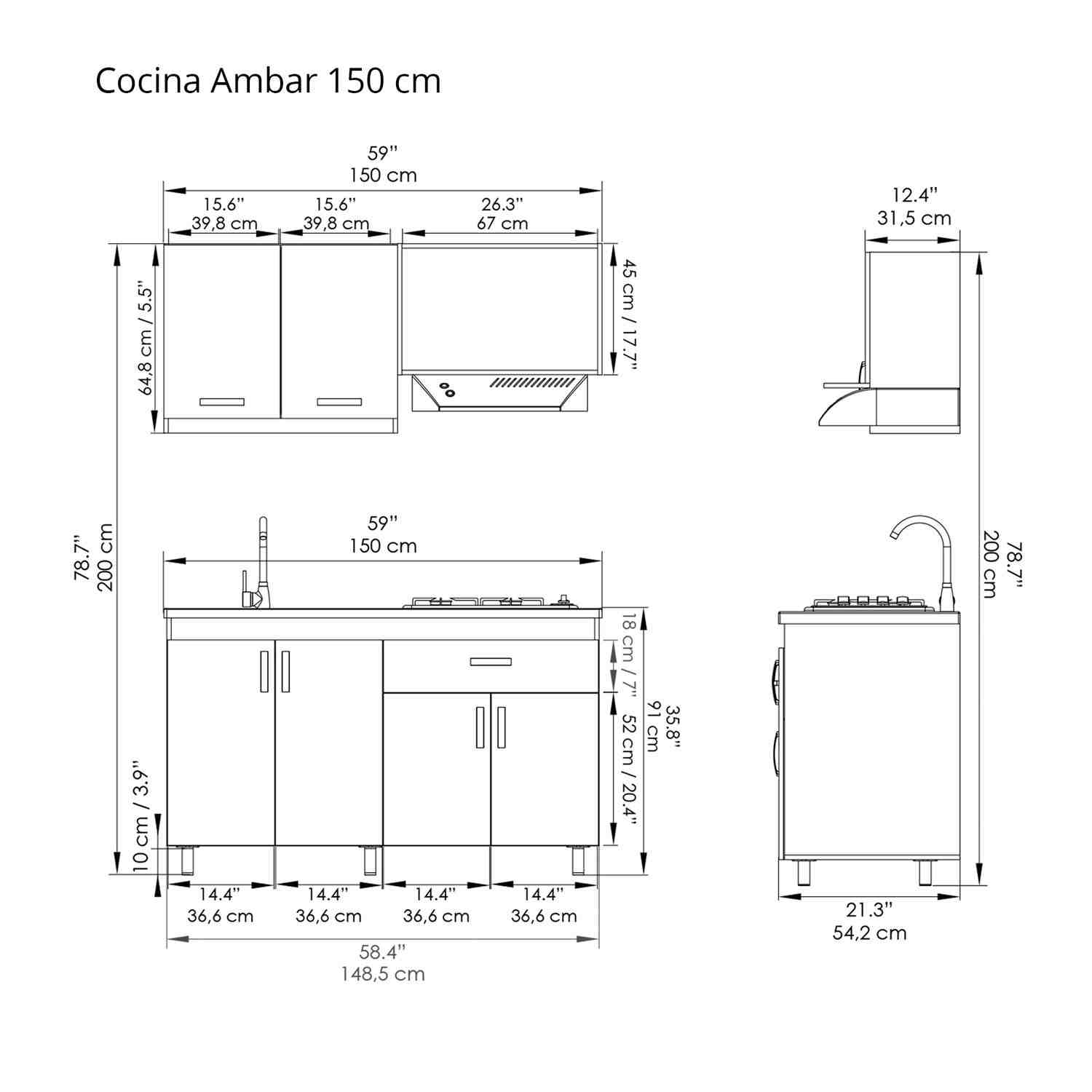Cocina Ambar Soder y Mali 150 cm Mueble Superior e Inferior con Mesón de Mármol Sintético - Cocinas | Bylmo