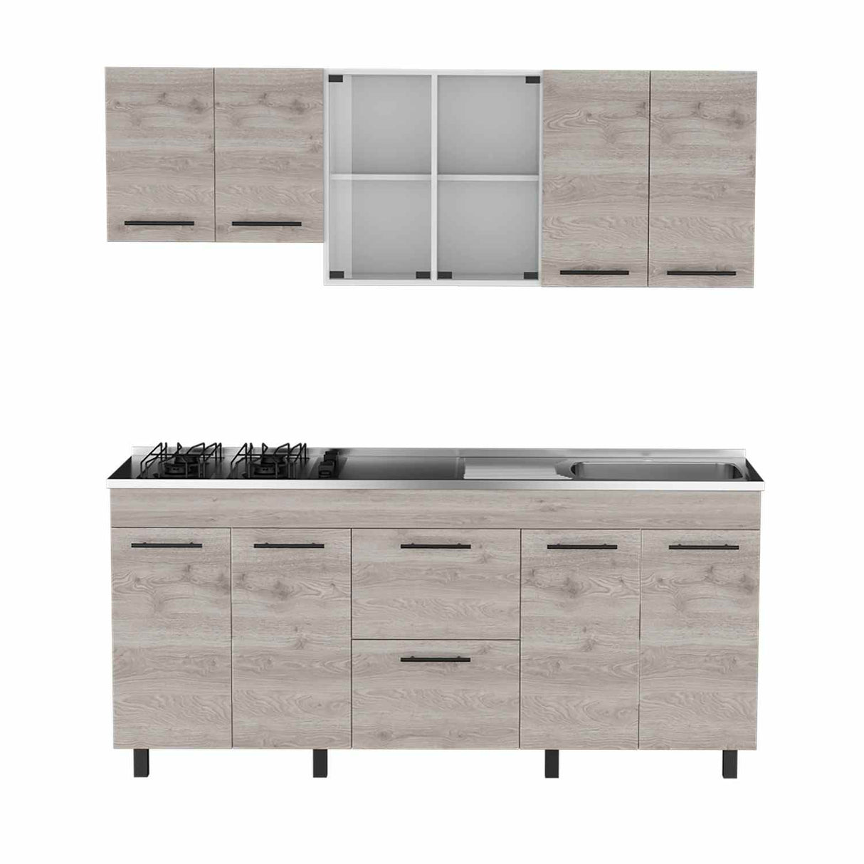 Cocina Ankara Ceniza 180x84cm con Meson de Acero Inoxidable y con Pozuelo para lado Derecha - Cocinas | Bylmo
