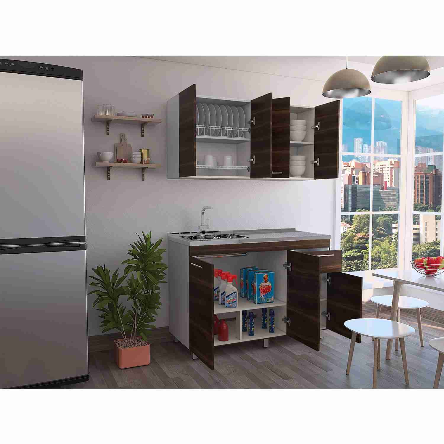 Cocina Bazagli Habano 120 cm Mueble Superior con Locero, Mueble Inferior con Lavaplatos sin Mesón, sin Horno y sin Extractor - Cocinas | Bylmo