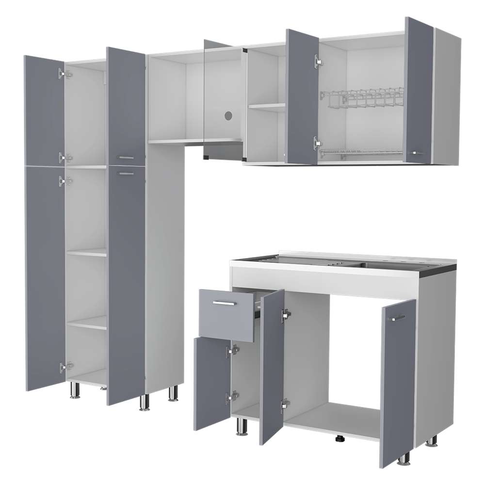 Cocina Ferreti Gris y Blanco 220 cm Derecha con Mesón - Cocinas | Bylmo