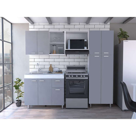 Cocina Ferreti Gris y Blanco 220 cm Izquierda con Mesón - Cocinas | Bylmo