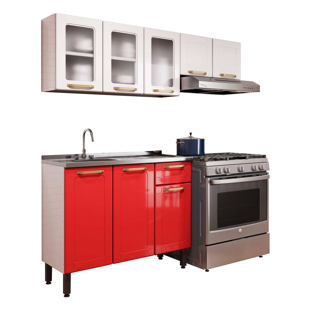 Cocina Integral Colors Rojo y Blanco 165 cm Izquierda con Mesón - Cocinas | Bylmo