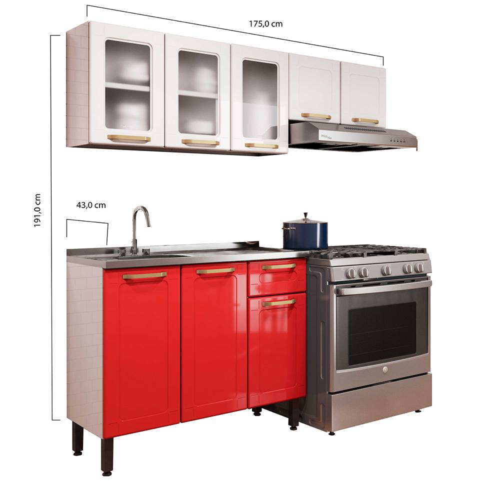 Cocina Integral Colors Rojo y Blanco 165 cm Izquierda con Mesón - Cocinas | Bylmo