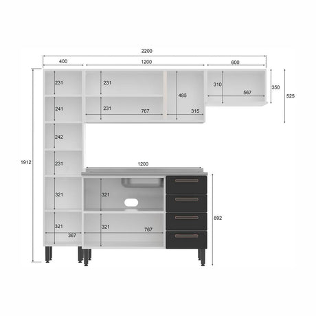 Cocina Integral Origens Grafito y Arena 220 cm con Mesón - Cocinas | Bylmo