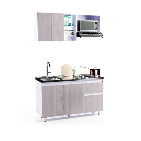Cocina Integral Ceniza 150x191cm con Meson de Acero Inoxidable y con Pozuelo para lado Izquierda - Cocinas | Bylmo