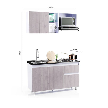 Cocina Integral Ceniza 150x191cm con Meson de Acero Inoxidable y con Pozuelo para lado Izquierda - Cocinas | Bylmo