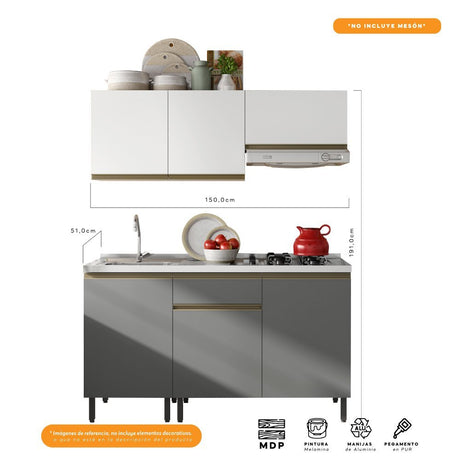 Cocina Integral Santiago Grafito y Blanco 150 cm - Cocinas | Bylmo