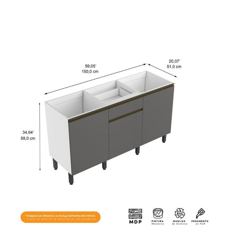 Cocina Integral Santiago Grafito y Blanco 150 cm - Cocinas | Bylmo