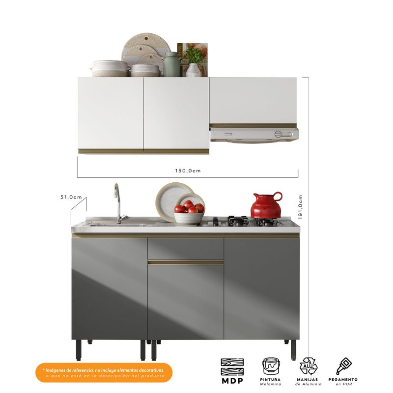 Cocina Integral Santiago Grafito y Blanco 150 cm Izquierda con Mesón