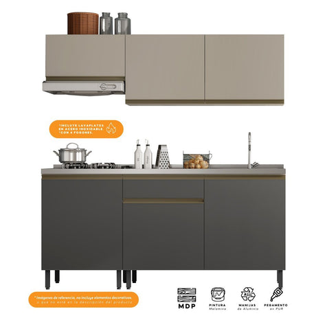 Cocina Integral Santiago Grafito y Pecan 180 cm Derecha con Mesón - Cocinas | Bylmo