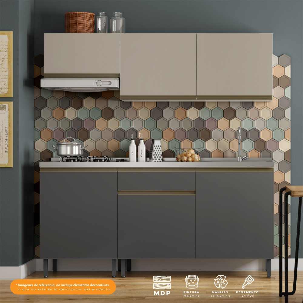 Cocina Integral Santiago Grafito y Pecan 180 cm Derecha con Mesón - Cocinas | Bylmo