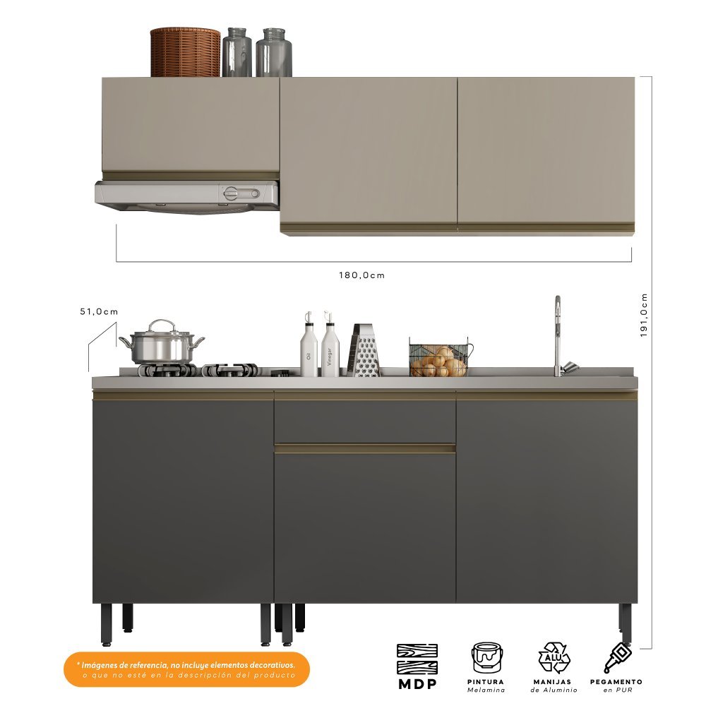 Cocina Integral Santiago Grafito y Pecan 180 cm Derecha con Mesón - Cocinas | Bylmo