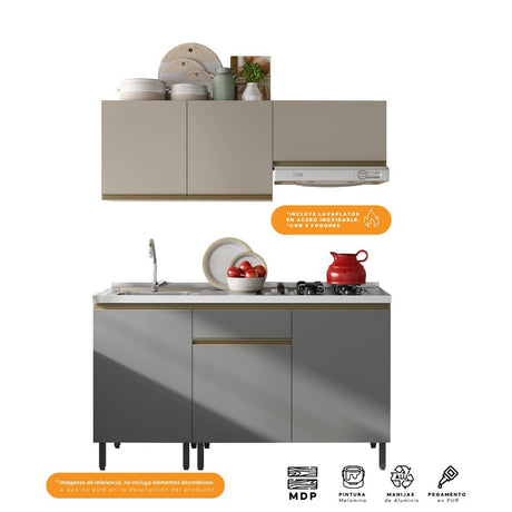 Cocina Integral Santiago Grafito y Pecan 150 cm Izquierda con Mesón - Cocinas | Bylmo