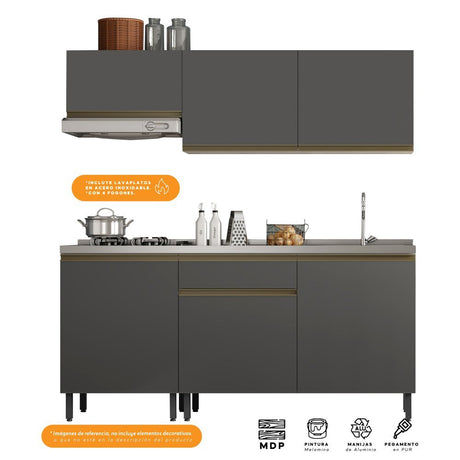 Cocina Integral Santiago Grafito 180 cm Derecha con Mesón - Cocinas | Bylmo