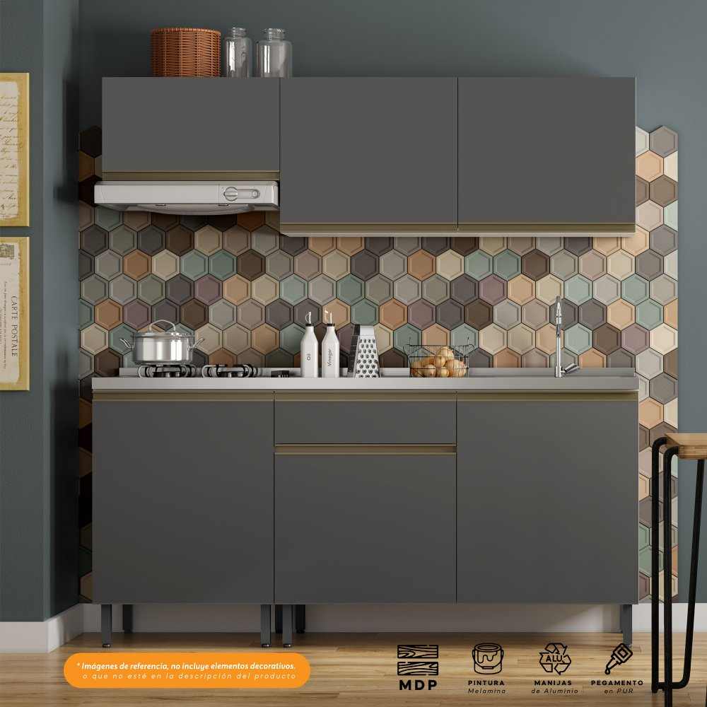 Cocina Integral Santiago Grafito 180 cm Derecha con Mesón - Cocinas | Bylmo