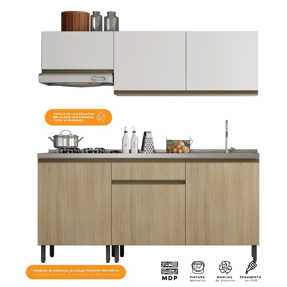 Cocina Integral Santiago Macadamia y Blanco 180 cm Derecha con Mesón - Cocinas | Bylmo