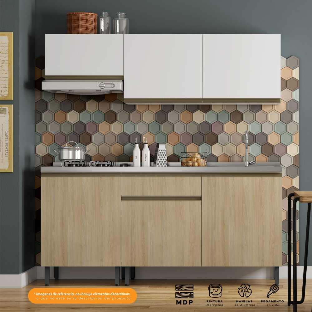 Cocina Integral Santiago Macadamia y Blanco 180 cm Derecha con Mesón - Cocinas | Bylmo