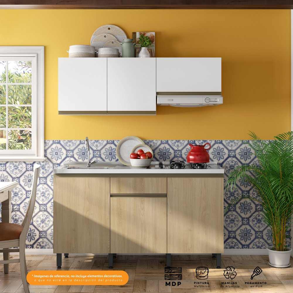 Cocina Integral Santiago Macadamia y Blanco 150 cm Izquierda con Mesón - Cocinas | Bylmo