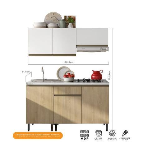 Cocina Integral Santiago Macadamia y Blanco 150 cm Izquierda con Mesón - Cocinas | Bylmo