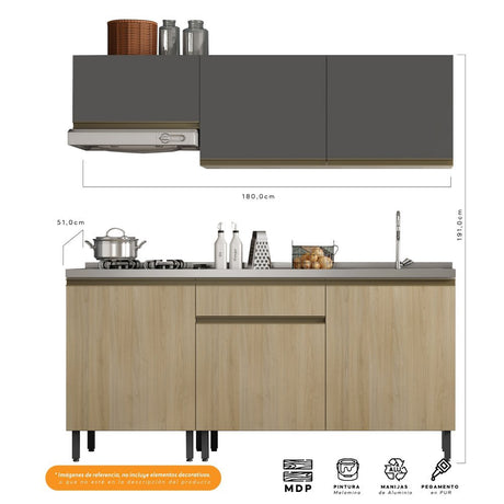 Cocina Integral Santiago Macadamia y Grafito 180 cm Derecha con Mesón - Cocinas | Bylmo