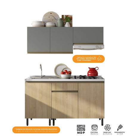 Cocina Integral Santiago Macadamia y Grafito 150 cm Izquierda con Mesón - Cocinas | Bylmo