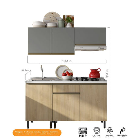 Cocina Integral Santiago Macadamia y Grafito 150 cm Izquierda con Mesón - Cocinas | Bylmo