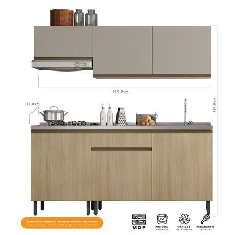 Cocina Integral Santiago Macadamia y Pecan 180 cm Derecha con Mesón - Cocinas | Bylmo