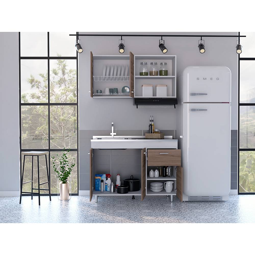 Cocina Rossi Castaño y Blanco 120 cm Derecha con Mesón - Cocinas | Bylmo