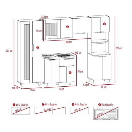 Cocina Samara Blanco y Miel 205x60cm con Mesón de Acero Inoxidable Lado Izquierdo y sin Estufa - Cocinas | Bylmo
