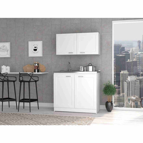 Cocina Zurich Blanco 100 cm con Mesón de Acero y Cuatro Puertas Abatibles - Combos Cocina | Bylmo