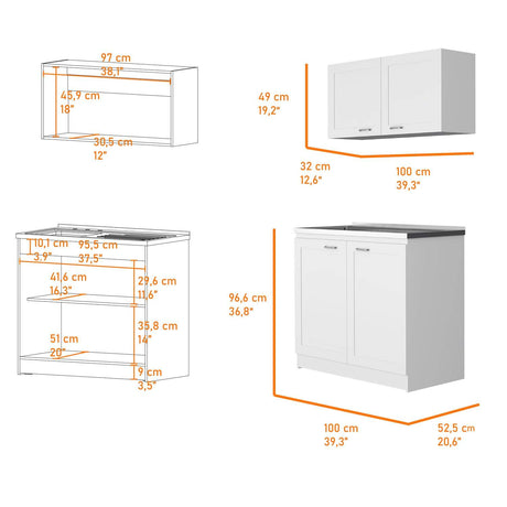 Cocina Zurich Blanco 100 cm con Mesón de Acero y Cuatro Puertas Abatibles - Combos Cocina | Bylmo