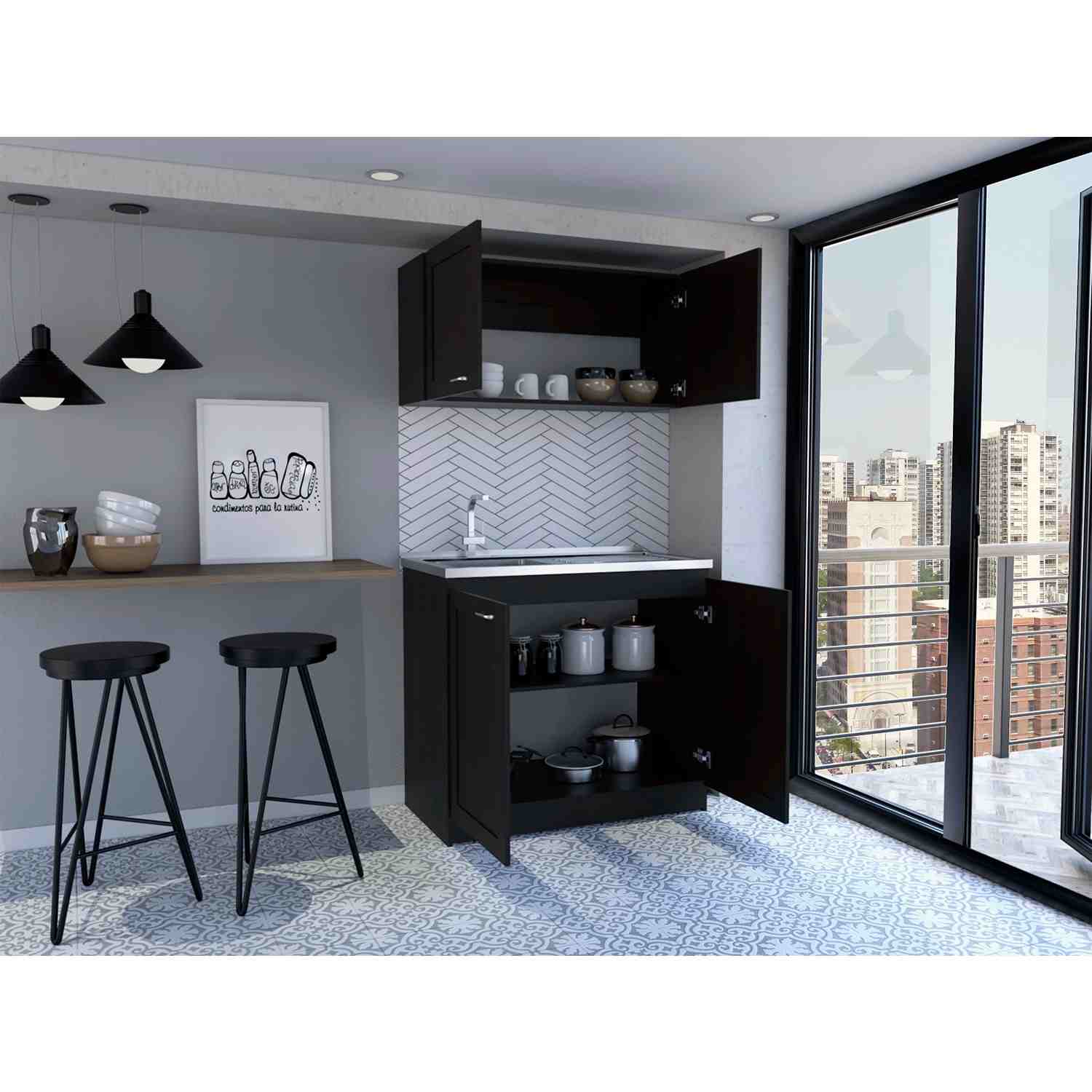 Cocina Zurich Wengue 100 cm Mueble Superior y Mueble Inferior con Mesón y Patas Métalicas - Cocinas | Bylmo